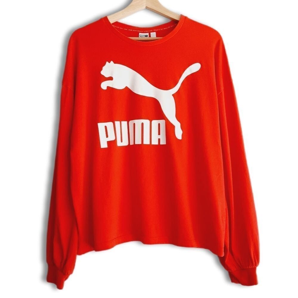 PUMA \ Pink Relaxed Fit Crewneck Top Large Font Logo Decal Sz M